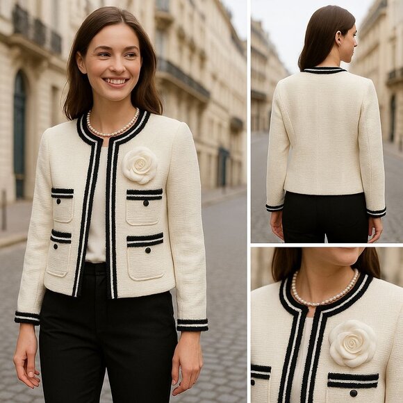 Talbots Tweed Blazer Womens Sz 10 Ivory Black Trim Chanel Style Jacket Timeless - Picture 1 of 13